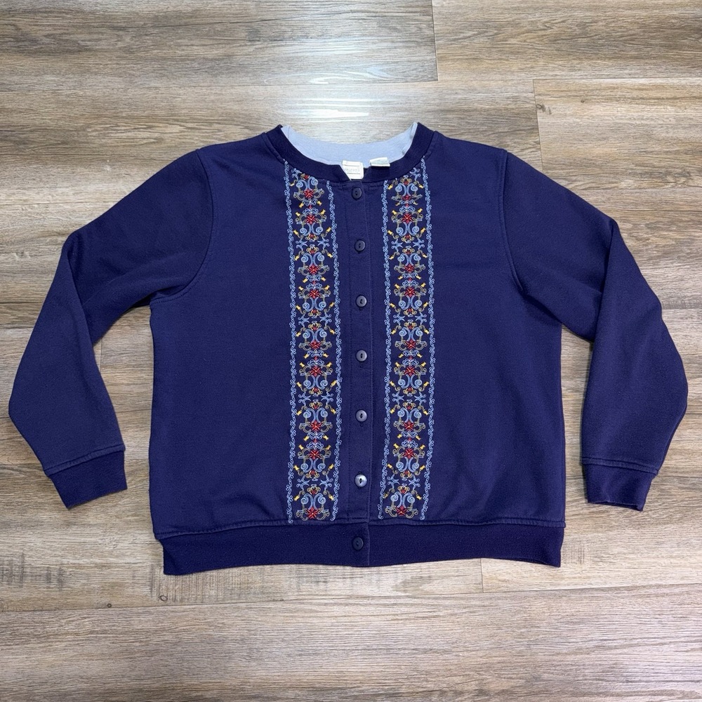 VTG Shenanigans Navy Blue Cardigan Sweater Womens Medium Floral Embroidery Front